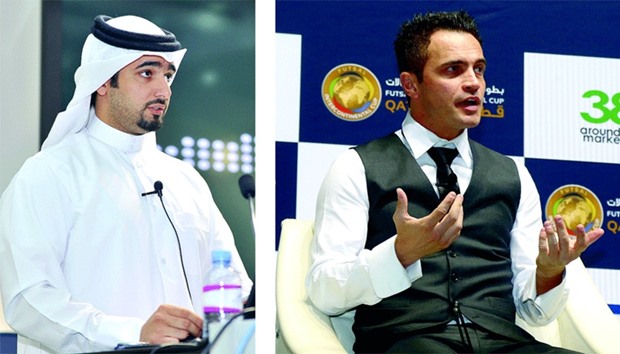 QFA general secretary Mansoor al-Ansari speaks at the Futsal Intecontinental Cup Qatar 2016 Draw Ceremony at Aspire Dome yesterday. Right: Brazilian futsal great Falcao has been named the ambassador for the event.