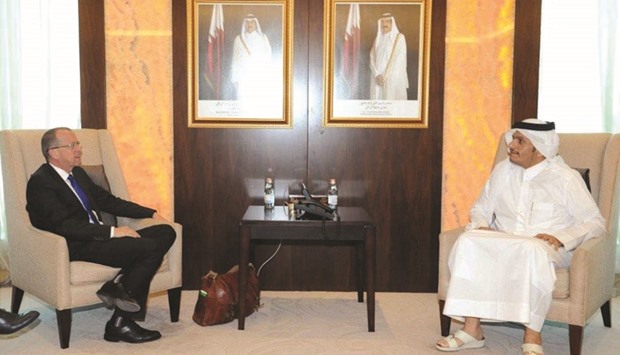 HE the Minister of Foreign Affairs Sheikh Mohamed bin Abdulrahman al-Thani with the  Special Envoy of the United Nations in Libya Martin Kobler.