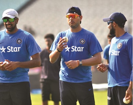 File picture of Yuvraj Singh (C) during a practice session ahead of Indiau2019s ICC T20 World Cup match against Pakistan in Kolkata.