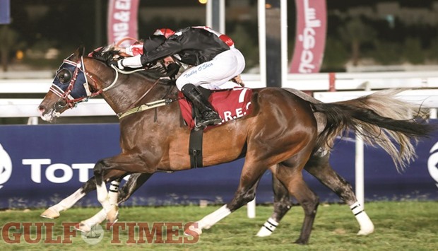Jockey Tadgh Ou2019Shea (foreground) rides Jalwa Al Jazeera to a win in the Club Breeders Trophy at the QREC yesterday. PICTURES: Juhaim