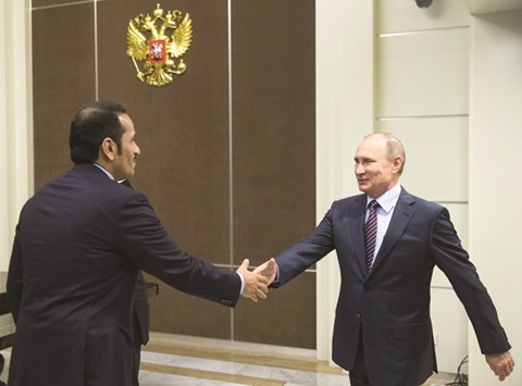 HE the Minister of Foreign Affairs Sheikh Mohamed bin Abdulrahman al-Thani shaking hands with Russian President Vladimir Putin  ahead of their meeting at the Bocharov Ruchei state residence in Sochi yesterday. The Foreign Minister conveyed to President Putin a message  from HH the Emir Sheikh Tamim bin Hamad al -Thani, dealing with bilateral relations as well as the latest regional and international developments, particularly the situation in Syria.
