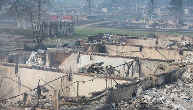 Home foundations are all that remain in a residential neighborhood destroyed by a wildfire