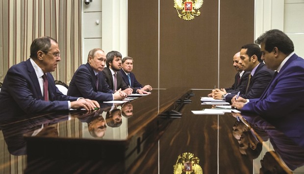 HE the Foreign Minister Sheikh Mohamed bin Abdulrahman al-Thani  meeting with Russiau2019s President Vladimir Putin and Foreign Minister Sergei Lavrov in Sochi yesterday.