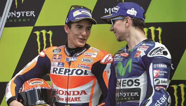 Movistar Yamaha rider Jorge Lorenzo (right) will start on pole ahead of Repsol Hondau2019s Marc Marquez in todayu2019s French MotoGP race in Le Mans. (AFP)