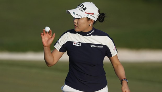So Yeon Ryu waves to the gallery after making a birdie on the eighth hole during the second round of the LPGA Yokohama Classic in Prattville, Alabama, on Friday. (AFP)