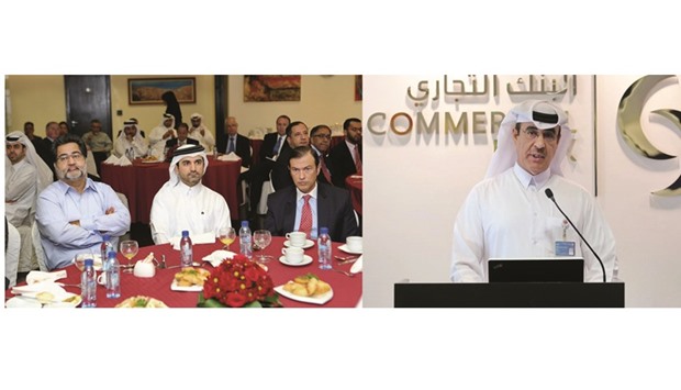 Al-Rayes (right) addresses forum for treasurers and chief financial officers of government and semi-governmental companies hosted by Commercial Bank recently.
