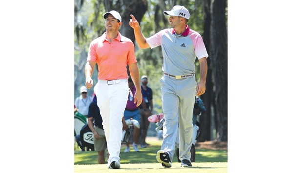 Rory McIlroy of Northern Ireland (L) chats to Sergio Garcia of Spain during a practice round ahead of The Players Championship on the Stadium Course at TPC Sawgrass in Ponte Vedra Beach, Florida. (Getty Images/AFP)