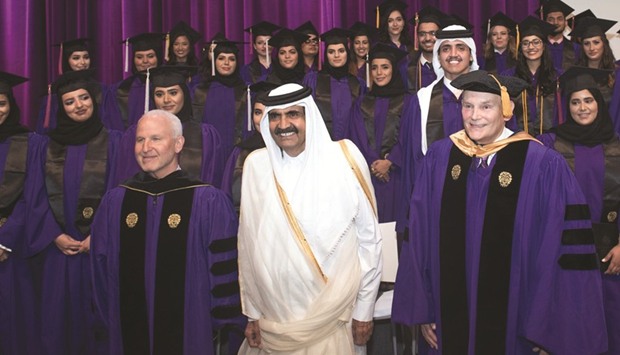 HH the Father Emir Sheikh Hamad bin Khalifa al-Thani with Schapiro, Dennis, and a number of graduates.