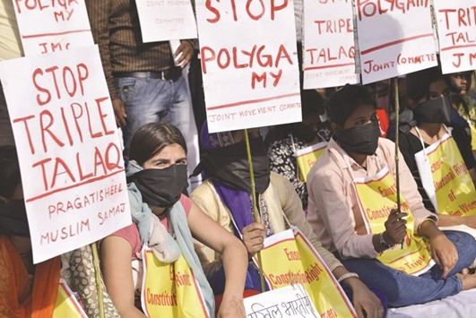 Members of the Pragatisheel Muslim Samaj stage a demonstration against triple talaq at Jantar Mantar in New Delhi yesterday.