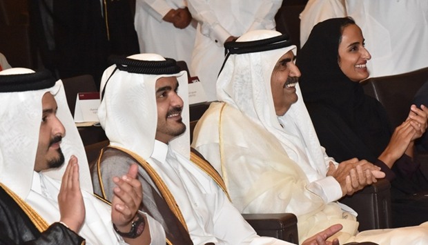 HH the Father Emir Sheikh Hamad bin Khalifa al-Thani along with other dignitaries attending the graduation ceremony of UCL Qatar.
