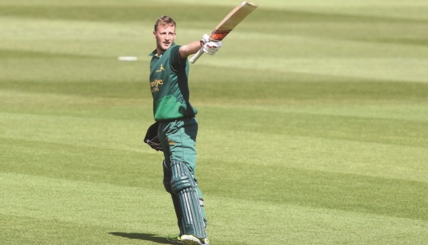 Billy Root celebrates his century for Nottinghamshire in the Royal London Cup against Warwickshire.