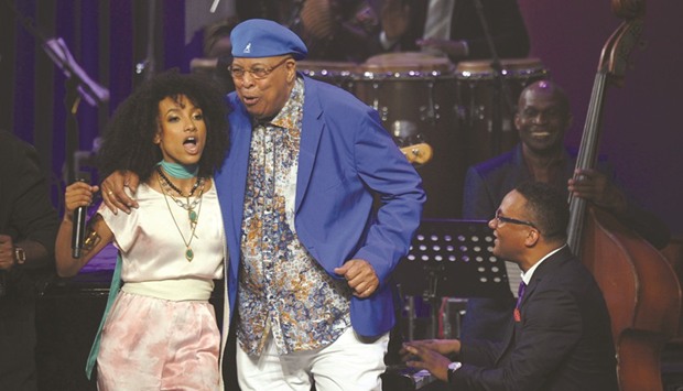 US musician Esperanza Spalding (left) and Cuban musician Chucho Valdes performs during the International Jazz Day concert at the Alicia Alonso Theatre in Havana.