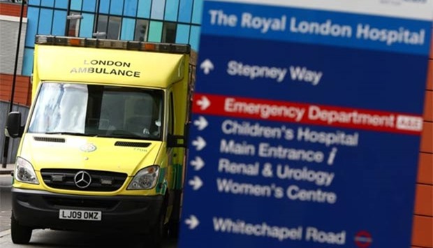 An ambulance is parked at The Royal London Hospital in London on Saturday.