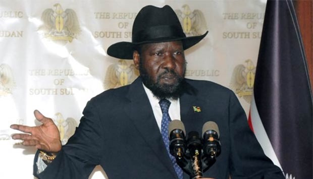 South Sudan's President Salva Kiir addresses a news conference in Juba on Friday.