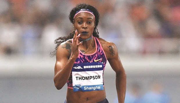 Jamaicau2019s Elaine Thompson on way to victory in the womenu2019s 100m at the Shanghai Diamond League meeting in Shanghai yesterday.