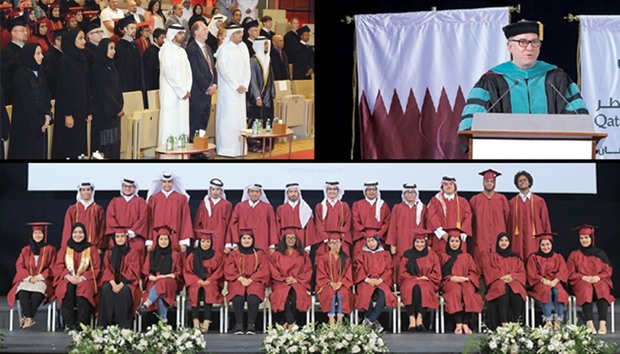 TOP LEFT: HE Sheikha Hind bint Hamad al-Thani along with other dignitaries at the ceremony.  BELOW: Some of the graduates of ABP Class of 2017.  TOP RIGHT: Dr Bryan Lewallen speaking at the ceremony.