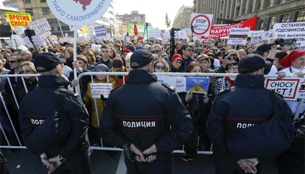 Residents protest against the demolition of Soviet five-storey houses in Moscow on Sunday.