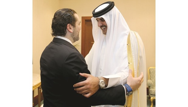 HH the Emir Sheikh Tamim bin Hamad al-Thani Lebanese Prime Minister Saad al-Hariri on the sidelines of the 17th Doha Forum.