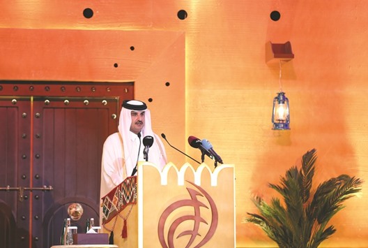 HH the Emir Sheikh Tamim bin Hamad al-Thani addressing the opening session of the 17th Doha Forum yesterday.