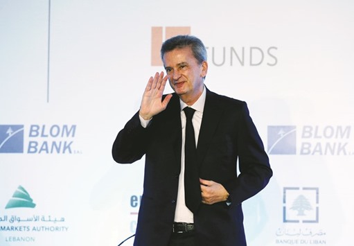 Lebanonu2019s central bank governor Riad Salameh gestures at a Euromoney conference in Beirut yesterday. Salamehu2019s term of office expires at the start of August and the Lebanese finance minister has asked cabinet to extend it, a government source told Reuters yesterday.