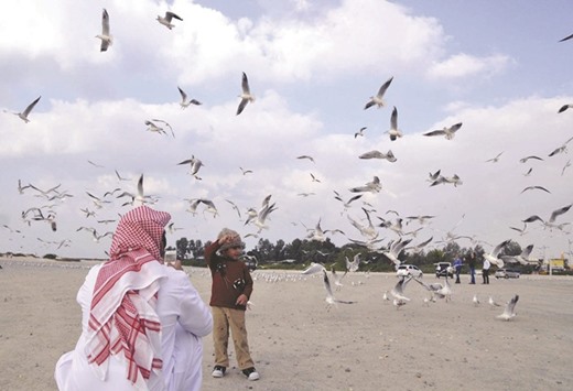 A man takes a photograph of his son as seagulls fly at a beach in Jumeirah in Dubai (file). Around 4.6mn tourists visited Dubai during the first quarter, up by 11% compared to the same period of last year, according to Dubai Tourism data.