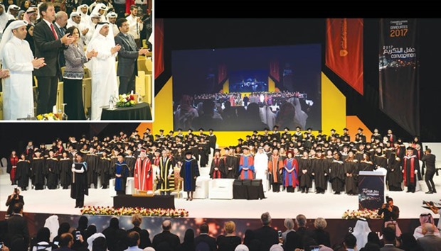 INSET TOP LEFT: HE the Minister of Education and Higher Education Dr Mohamed Abdul Wahed Ali al-Hammadi (left) with Canadian ambassador Adrian Norfolk at the UCQ Convocation 2017. With them are former UCQ College of Nursing Project director Dr Latifa al-Houty (centre), Dr Khalid Mohamed Yousef al-Horr, the director of the Higher Education Institute at the Ministry of Education and Higher Education, and Community College of Qatar dean Dr Abdallah Hazaimeh (right).   Group photo of the graduates with officials. PICTURE: Thajudheen