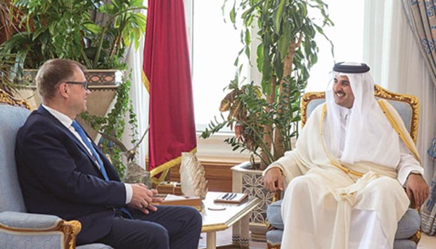HH the Emir Sheikh Tamim bin Hamad al-Thani met Finlandu2019s Prime Minister Juha Sipila and his accompanying delegation yesterday on the sidelines of the 17th Doha Forum. During the meeting, they reviewed bilateral relations and means of boosting them in various fields.