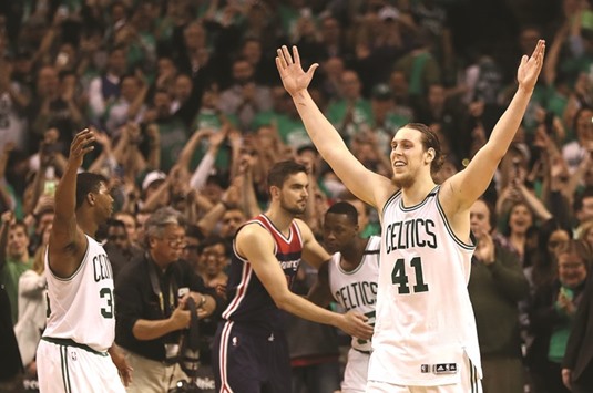 Boston Celticsu2019 Kelly Olynyk celebrates after Celtics 115-105 win over the Washington Wizards in Game seven of the NBA Eastern Conference semi-finals at TD Garden in Boston, Massachusetts. (Getty Images/AFP)