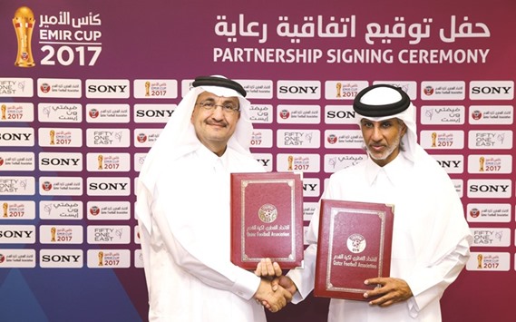 Darwish Holding chairman and managing director Bader Abdullah al-Darwish (left) and QFA president Sheikh Hamad bin Khalifa bin Ahmed al-Thani at a press conference to announce the partnership.