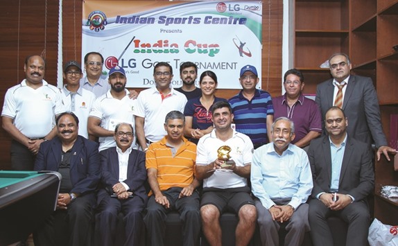 Indian ambassador P Kumaran (front, third from left) and Indian Sports Centre officials pose with the winners of the India Cup LG Golf Tournament, including champion Yohann Pedder (front, third from right).