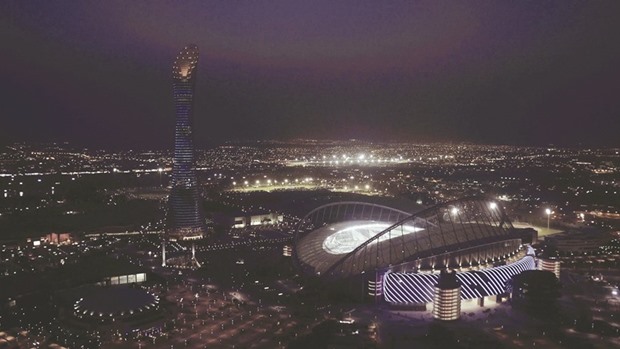 An aerial night shot of the Khalifa International Stadium.