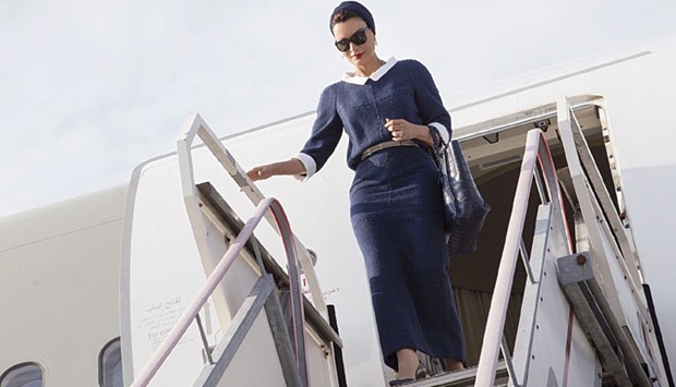 HH Sheikha Moza bint Nasser arrives at The Hague international airport yesterday. She will speak at The Hague Institute for Global Justice today.