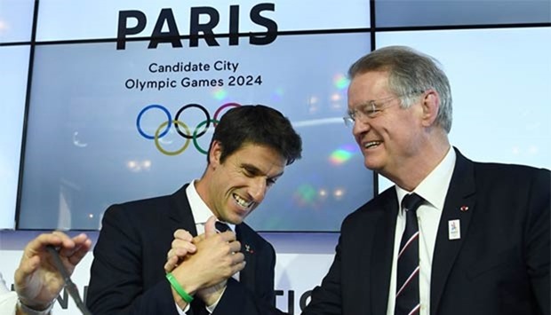 Co-presidents of the Paris bid for the 2024 Olympics Bernard Lapasset (right) and Tony Estanguet shakes hands at the end of the IOC Evaluation Commission session in Paris this week.