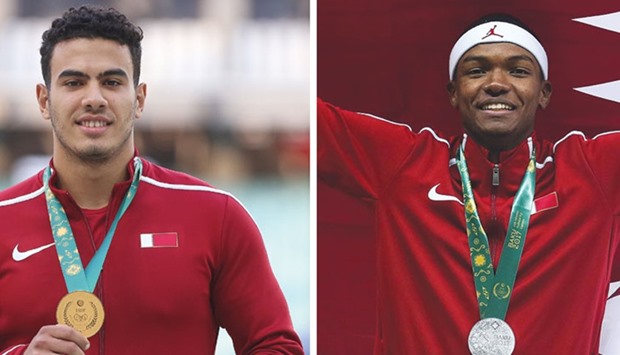Qataru2019s Ahmed Bader poses with the gold medal at the 4th Islamic Solidarity Games Baku 2017 yesterday. Right: Qataru2019s Mahamet Allamine Hamdi is ecstatic after winning the silver medal in the high jump in Baku yesterday.