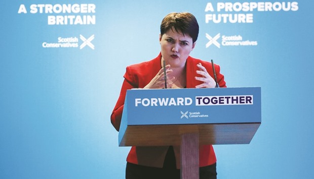 Ruth Davidson gives a speech during the launch of the Scottish Conservative manifesto in Edinburgh, Scotland, yesterday.