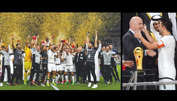 LEFT: Al Sadd players and officials celebrate with the Emir Cup trophy after beating Al Rayyan in the final at the recently-renovated Khalifa International Stadium in Doha yesterday.   RIGHT: Al Saddu2019s Xavi (right) with FIFA president Gianni Infantino (left) and Personal Representative of HH the Emir HH Sheikh Jassim bin Hamad al-Thani (centre).   PICTURES: Noushad Thekkayil and Shemeer Rasheed