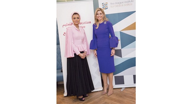 HH Sheikha Moza bint Nasser with Queen Maxima of the Netherlands (right).  PICTURES: AR Al-Baker / HHOPL