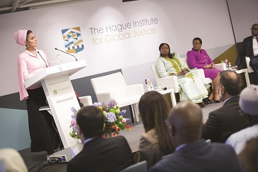 HH Sheikha Moza bint Nasser delivering an address as part of The Hague Institute for Global Justiceu2019s Distinguished Seminar Series yesterday. PICTURE: AR Al-Baker / HHOPL