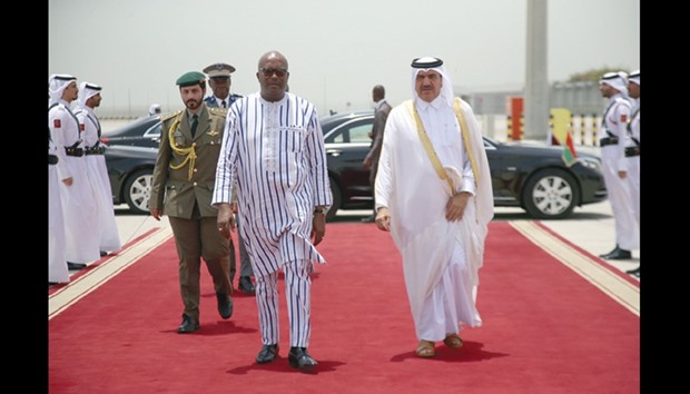 Burkina Faso President Roch Marc Christian Kabore left Doha yesterday after an official visit to Qatar. The president and his accompanying delegation were seen off at Hamad International Airport by HE the Minister of Municipality and Environment Mohamed bin Abdullah al-Rumaihi and ambassador of Burkina Faso to Qatar Adama Compaore.