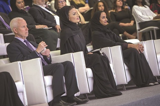 QF chairperson HH Sheikha Moza bint Nasser, with QF vice-chairperson and chief executive HE Sheikha Hind bint Hamad al-Thani and Northwestern president Morton Schapiro at the inaugural ceremony yesterday. PICTURE: Aisha Alsada/HHOPL