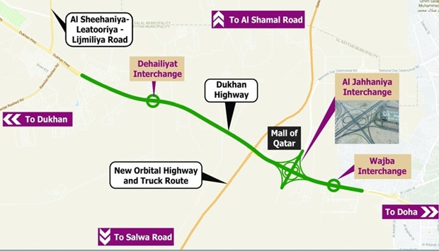 Map of the completed Al Jahaniya, Al Dehailiyat and Al Wajba interchanges