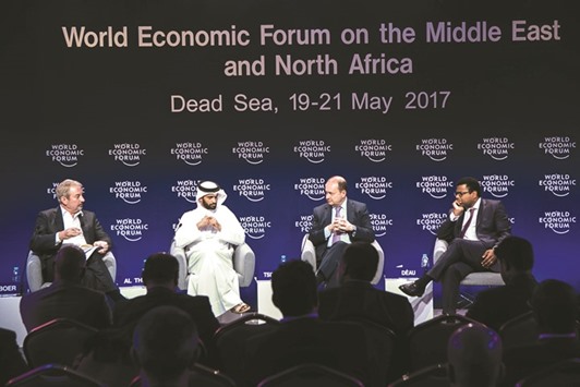 SC secretary general Hassan al-Thawadi (second left) talks during the World Economic Forum on the Middle East and North Africa 2017 being held in Jordan.