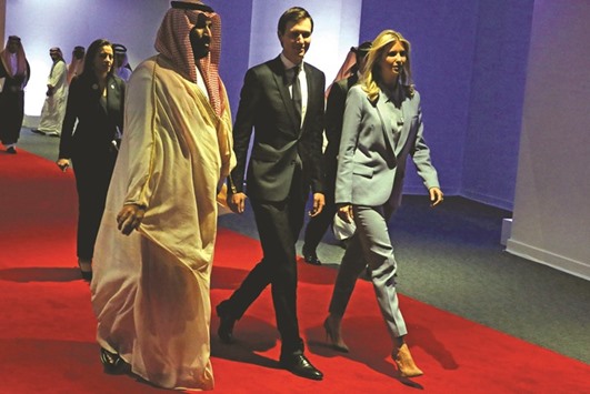 White House senior adviser Jared Kushner (centre) and his wife Ivanka Trump (right) arrive to tour the new Global Centre for Combating Extremist Ideology in Riyadh.