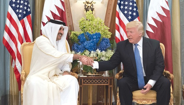 HH the Emir Sheikh Tamim bin Hamad al-Thani meeting with US President Donald Trump in Riyadh yesterday. During the meeting they discussed close friendship and co-operation relations between the two countries and ways to enhancing them in various fields in order to achieve the strategic common interests of the two countries, especially in the security, defence and economic fields. The meeting dealt with means of enhancing co-operation between the two countries and supporting international efforts in combating terrorism and extremism which threaten the security and stability of the world. The two sides also exchanged views on the latest regional and international developments, especially the latest developments in the Middle East topped by the Palestinian issue. They agreed on the need to resume the peace process and also discussed the situation in both Yemen and Syria.