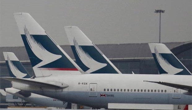 Cathay Pacific planes are seen at Hong Kong airport in this file picture,