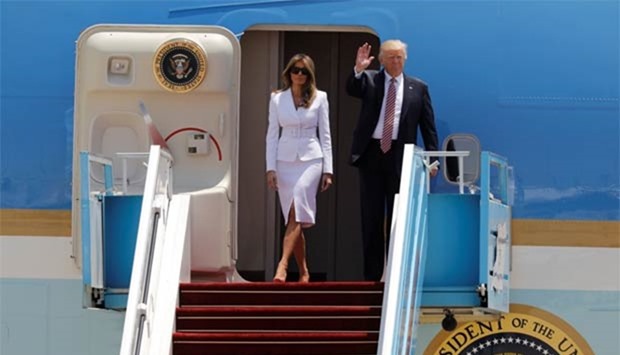 US President Donald Trump and First Lady Melania Trump arrive aboard Air Force One at Ben Gurion International Airport in Lod near Tel Aviv, on Monday.