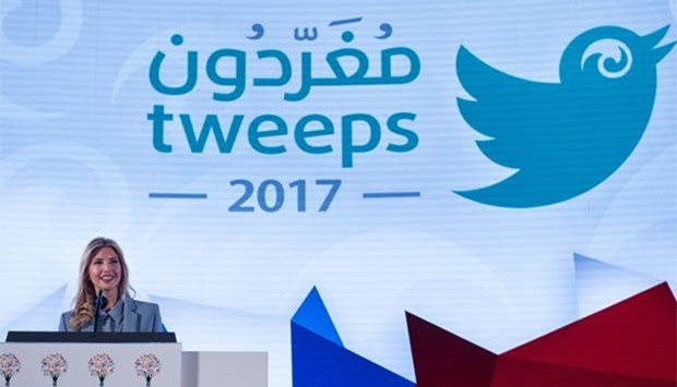 Ivanka Trump, the daughter of US President Donald Trump, speaks at the 'Tweeps 2017' social media forum in Riyadh on Sunday.