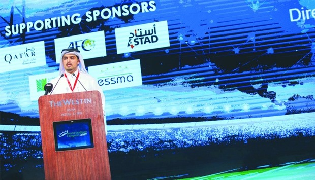 Vodafone Enterprise Sales director Sheikh Hamad al-Thani delivers the opening address during the World Stadium Congress 2017.