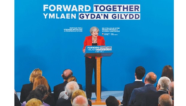 Prime Minister Theresa May speaks during a launch event for the Welsh Conservative general election manifesto in Wrexham, North Wales, yesterday.