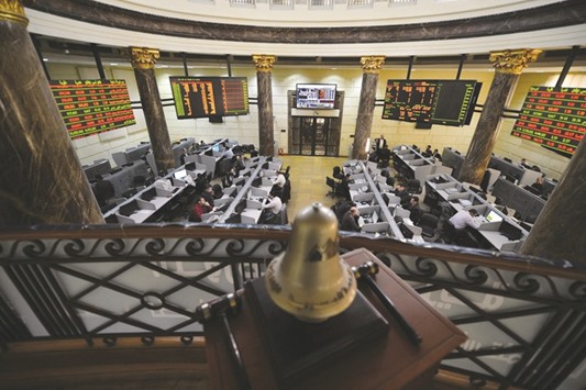 A general view of the Egyptian Stock Exchange in the capital Cairo (file). The blue-chip index dropped 2.5% yesterday after the central bank hiked its overnight deposit rate and overnight lending rate by two percentage points.
